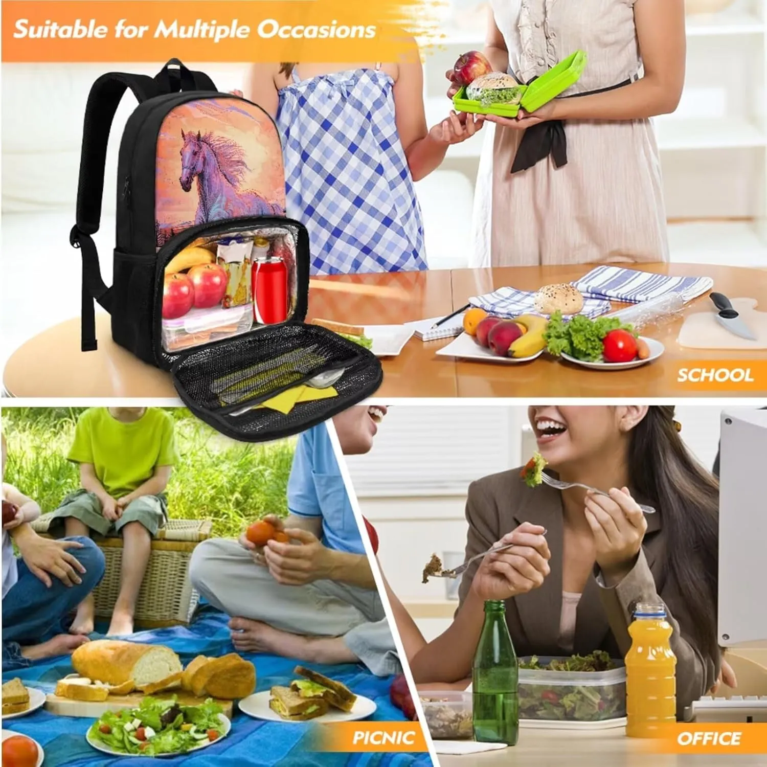 Lunch Backpack for School Girls Pencil Case Boys Backpacks with Adjustable Shoulder Straps for College High Middle School Students Teens Children Bookbag Set, Horse Print