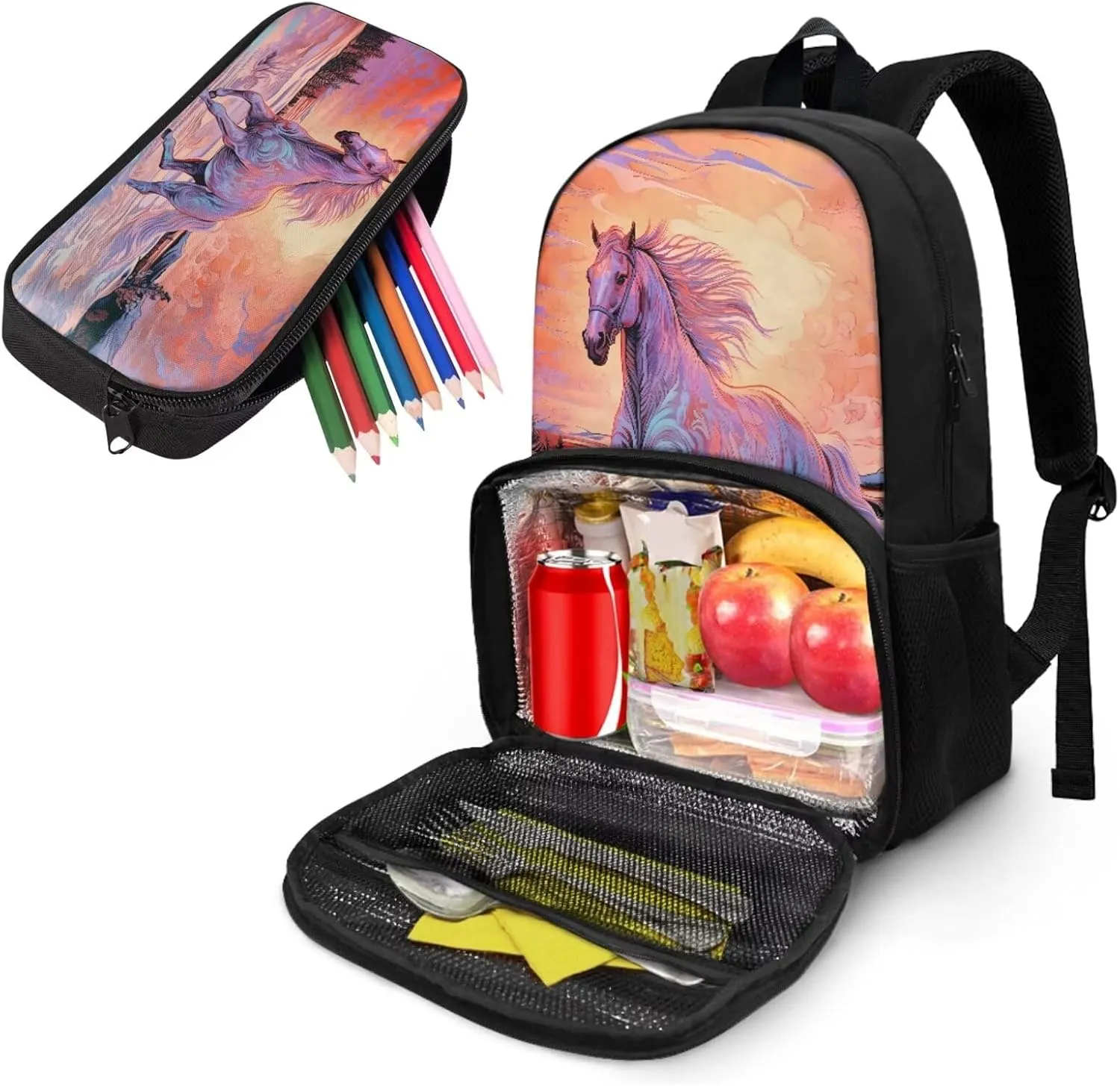 Lunch Backpack for School Girls Pencil Case Boys Backpacks with Adjustable Shoulder Straps for College High Middle School Students Teens Children Bookbag Set, Horse Print