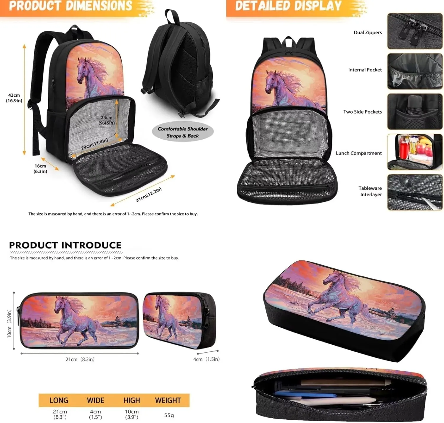 Lunch Backpack for School Girls Pencil Case Boys Backpacks with Adjustable Shoulder Straps for College High Middle School Students Teens Children Bookbag Set, Horse Print