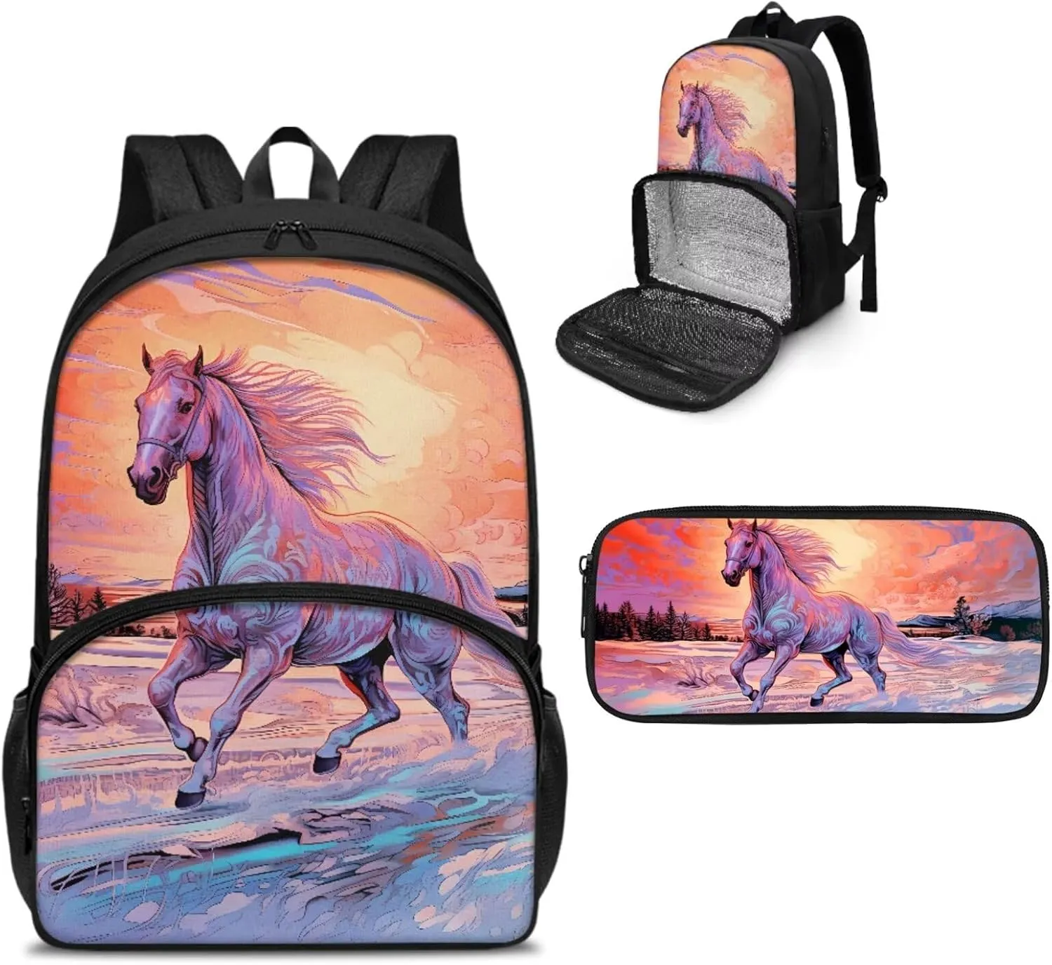 Lunch Backpack for School Girls Pencil Case Boys Backpacks with Adjustable Shoulder Straps for College High Middle School Students Teens Children Bookbag Set, Horse Print