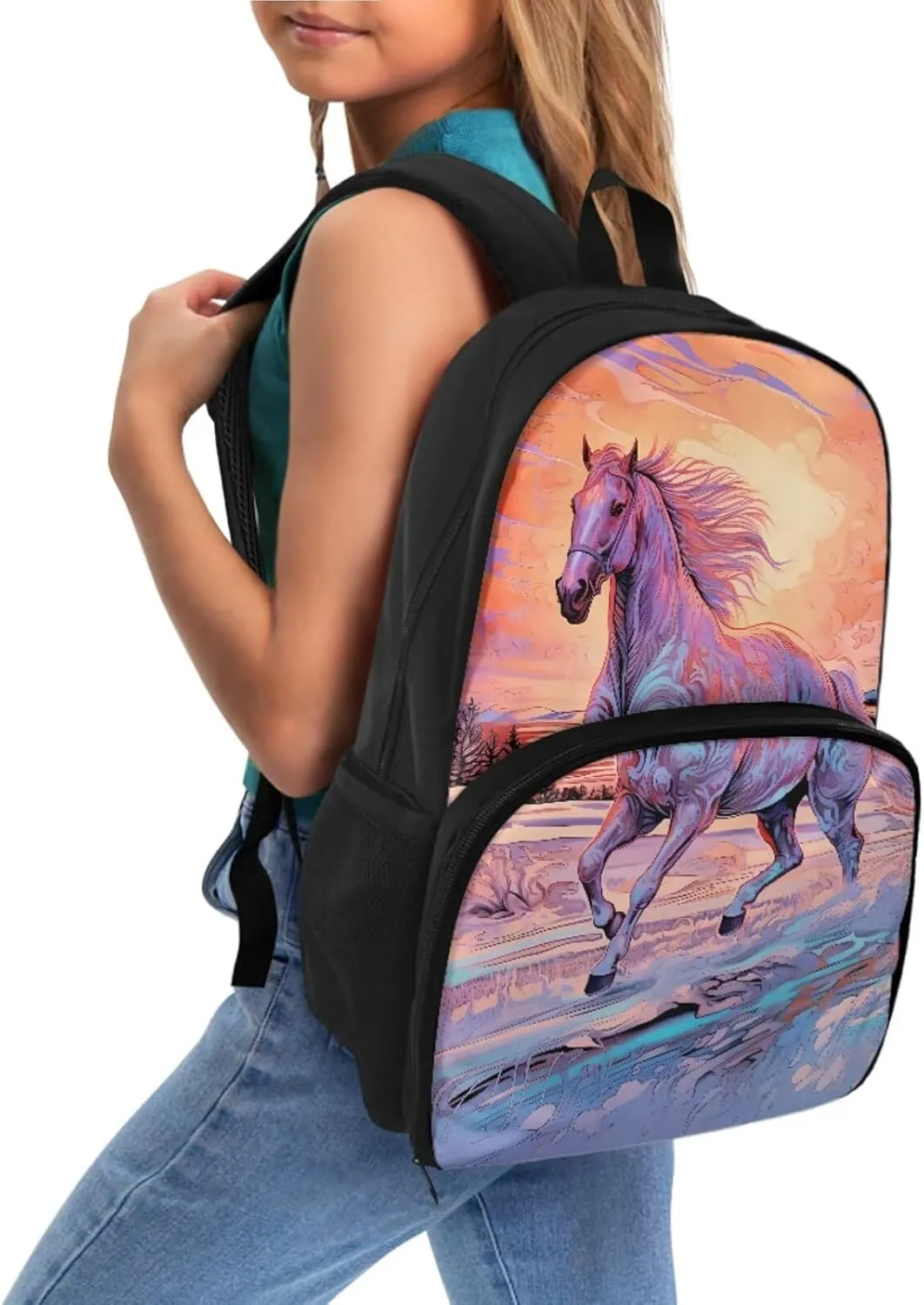 Lunch Backpack for School Girls Pencil Case Boys Backpacks with Adjustable Shoulder Straps for College High Middle School Students Teens Children Bookbag Set, Horse Print