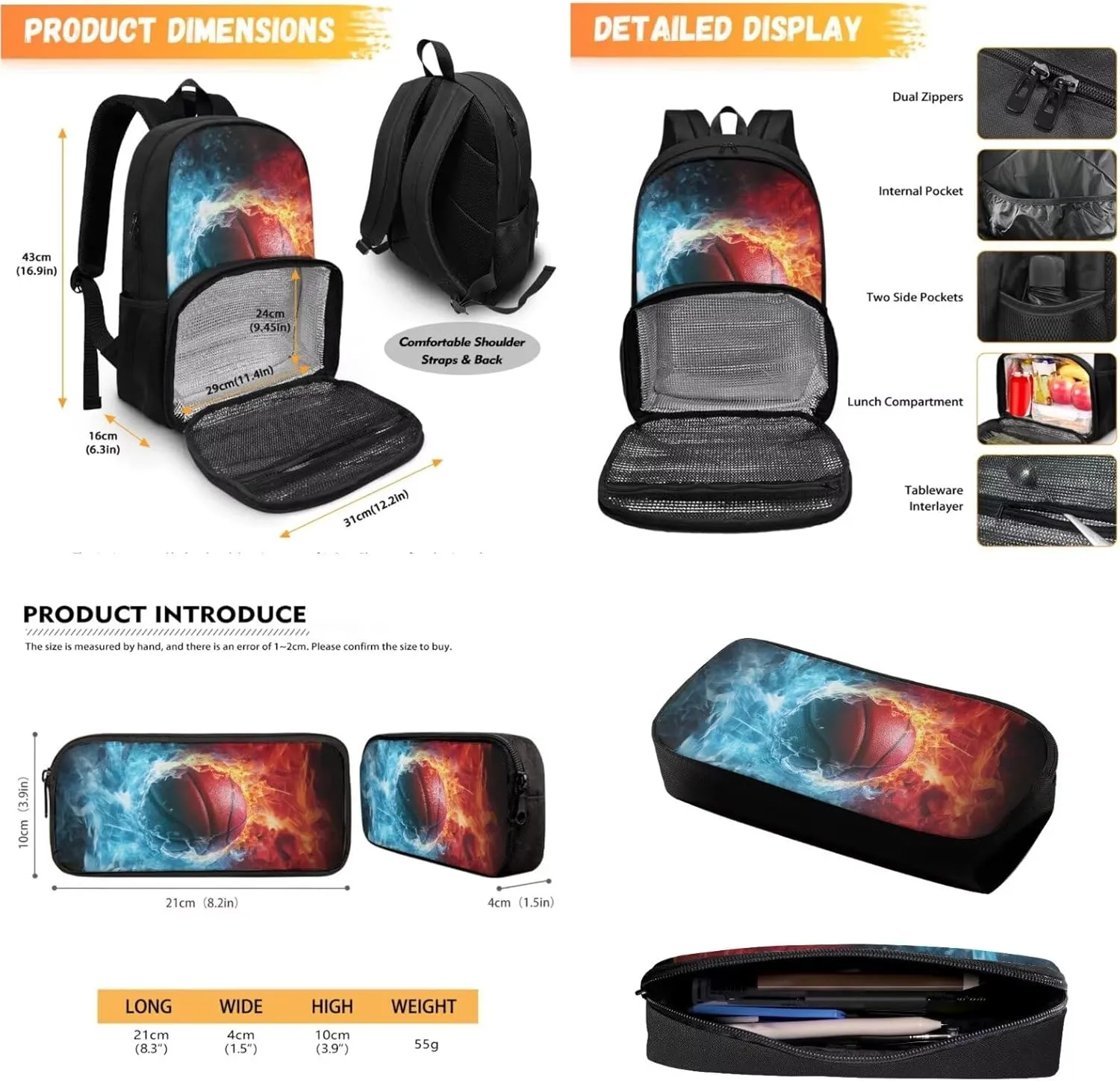 Lunch Backpack with Cooler Compartment Basketball Backpack for Boys Book Bag Insulated Cooler Backpacks with Pencil Box Set Laptop Backpack Reusable Food Bag for College Beach Camping Picnics