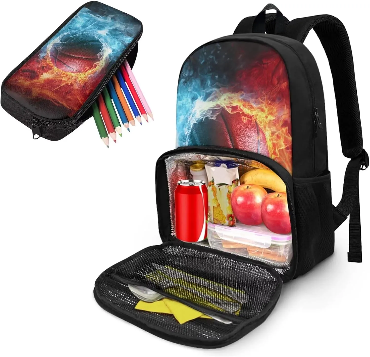 Lunch Backpack with Cooler Compartment Basketball Backpack for Boys Book Bag Insulated Cooler Backpacks with Pencil Box Set Laptop Backpack Reusable Food Bag for College Beach Camping Picnics