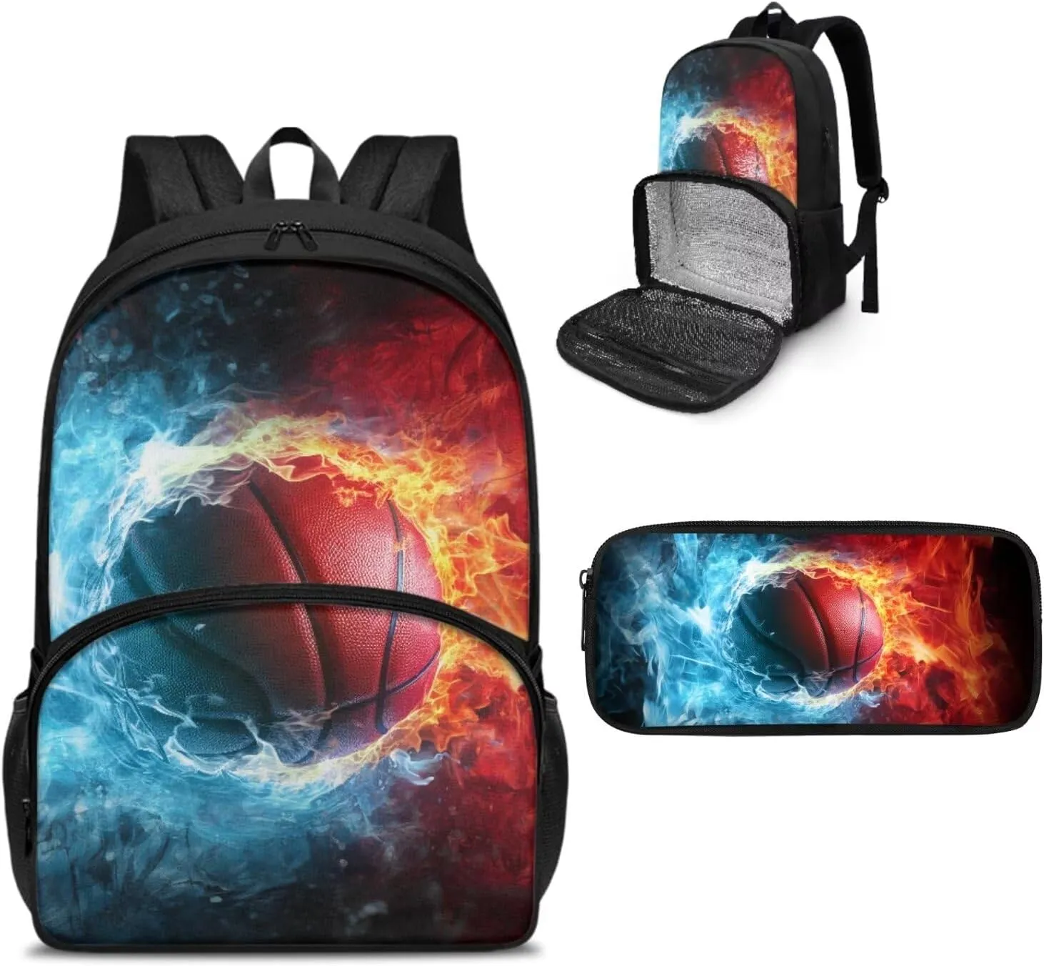 Lunch Backpack with Cooler Compartment Basketball Backpack for Boys Book Bag Insulated Cooler Backpacks with Pencil Box Set Laptop Backpack Reusable Food Bag for College Beach Camping Picnics