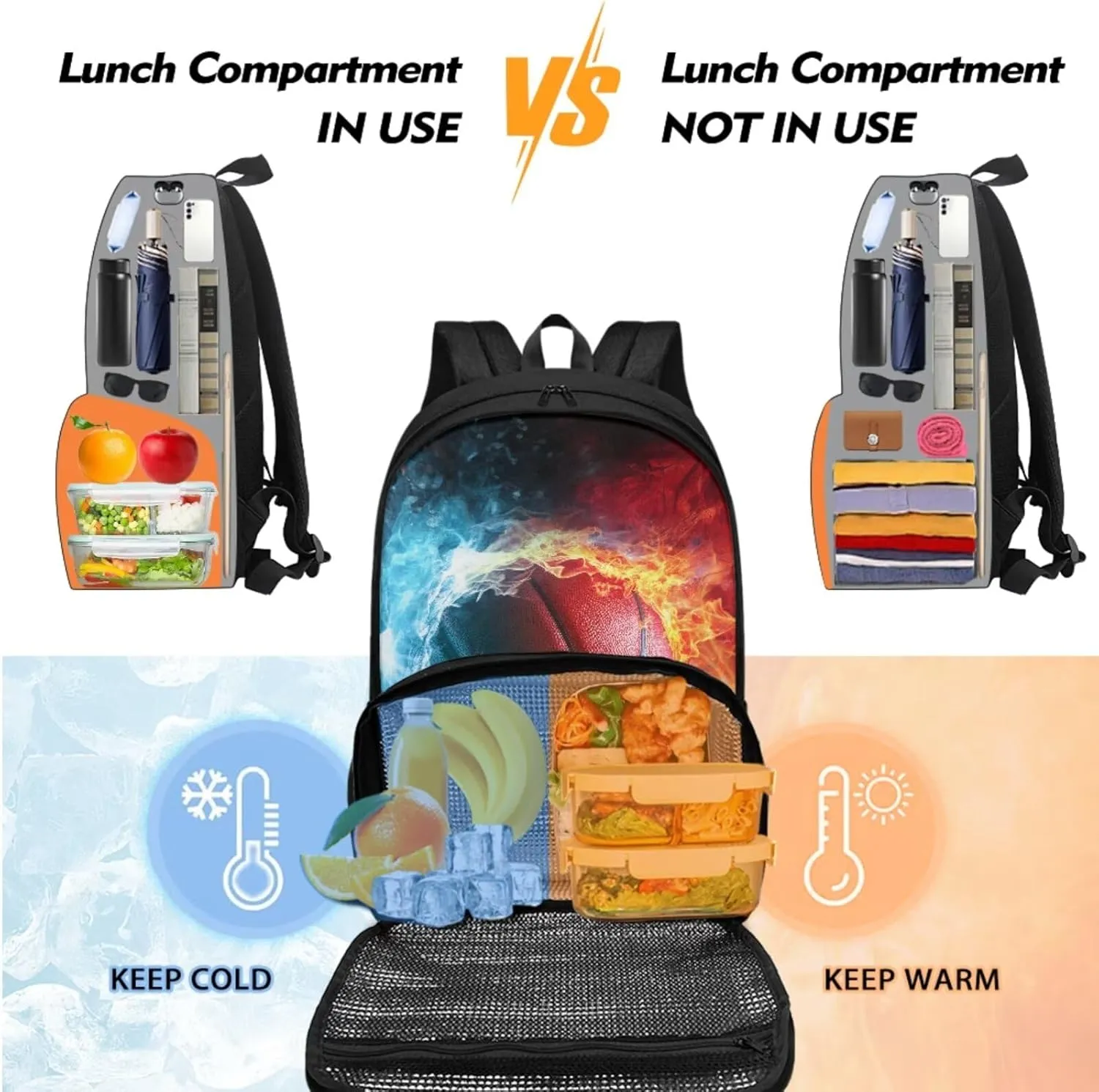 Lunch Backpack with Cooler Compartment Basketball Backpack for Boys Book Bag Insulated Cooler Backpacks with Pencil Box Set Laptop Backpack Reusable Food Bag for College Beach Camping Picnics