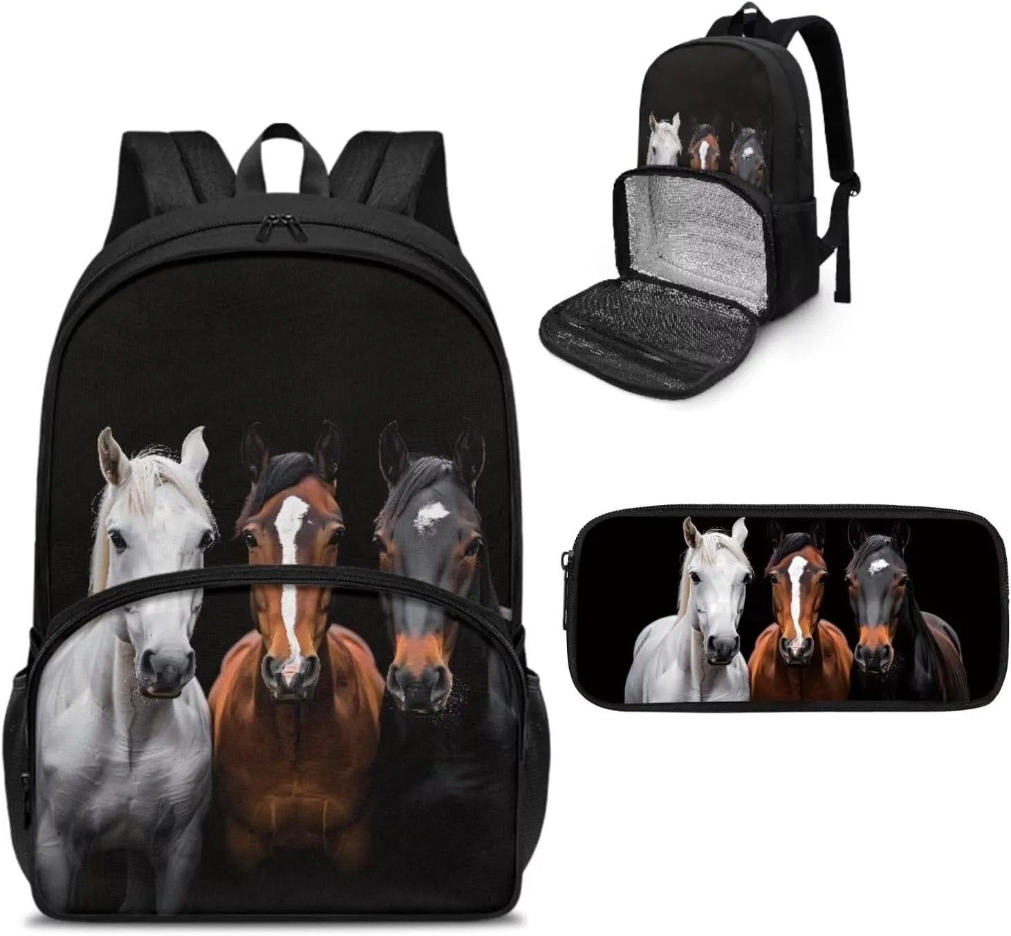 Lunch Backpack with Cooler Compartment,Horse Backpacks for School Boys Bookbag with Pencil Case Kids Schoolbags Backpack Set for Middle School Bag, Black