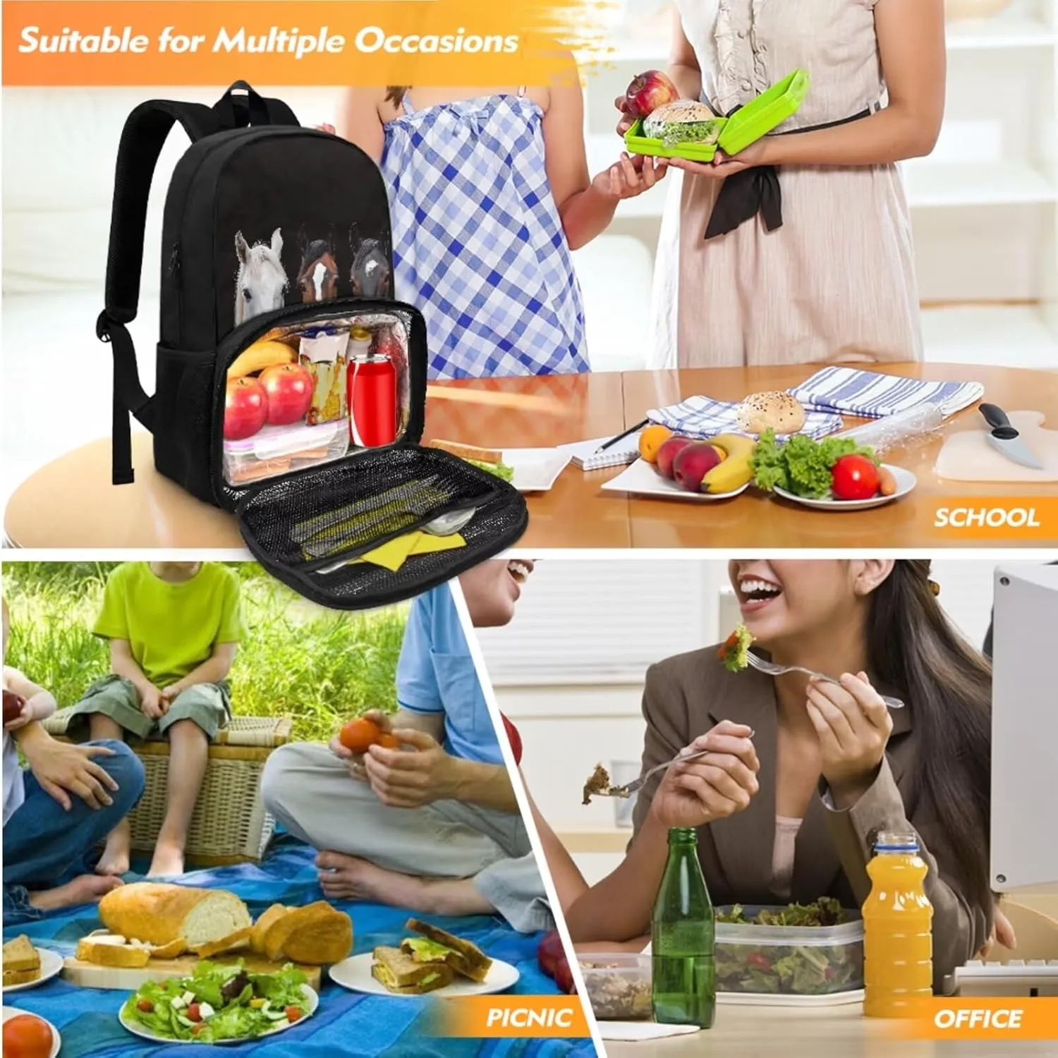 Lunch Backpack with Cooler Compartment,Horse Backpacks for School Boys Bookbag with Pencil Case Kids Schoolbags Backpack Set for Middle School Bag, Black