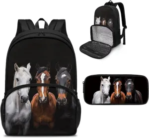 Lunch Backpack with Cooler Compartment,Horse Backpacks for School Boys Bookbag with Pencil Case Kids Schoolbags Backpack Set for Middle School Bag, Black