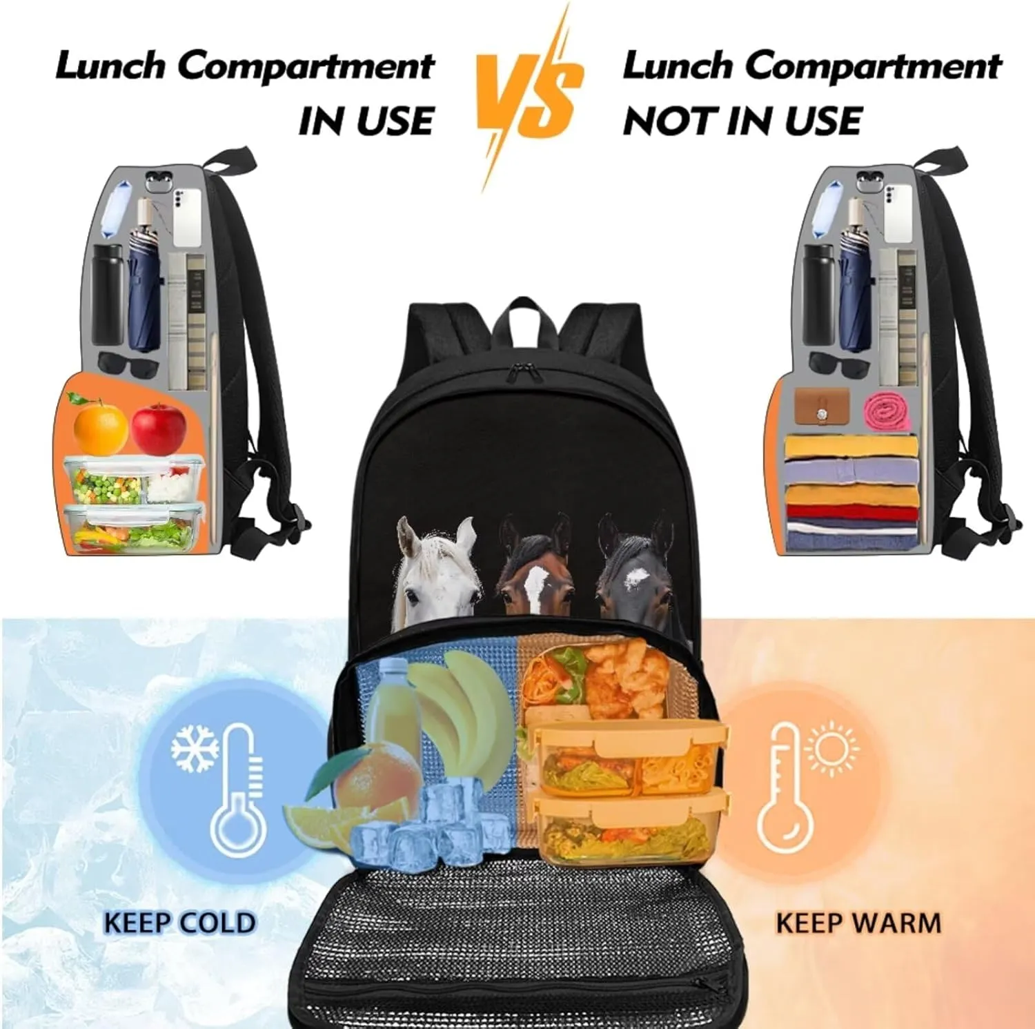 Lunch Backpack with Cooler Compartment,Horse Backpacks for School Boys Bookbag with Pencil Case Kids Schoolbags Backpack Set for Middle School Bag, Black