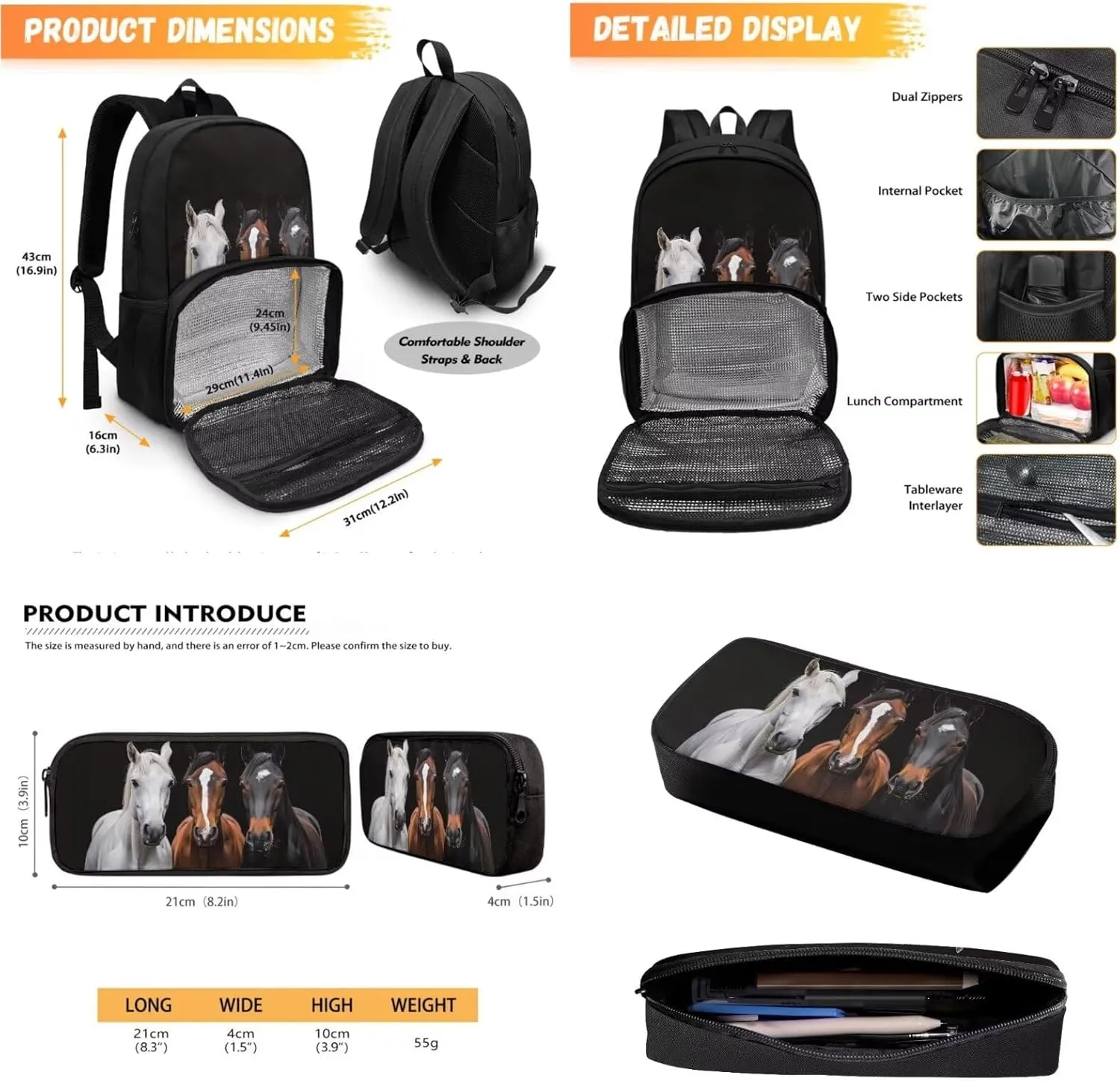 Lunch Backpack with Cooler Compartment,Horse Backpacks for School Boys Bookbag with Pencil Case Kids Schoolbags Backpack Set for Middle School Bag, Black