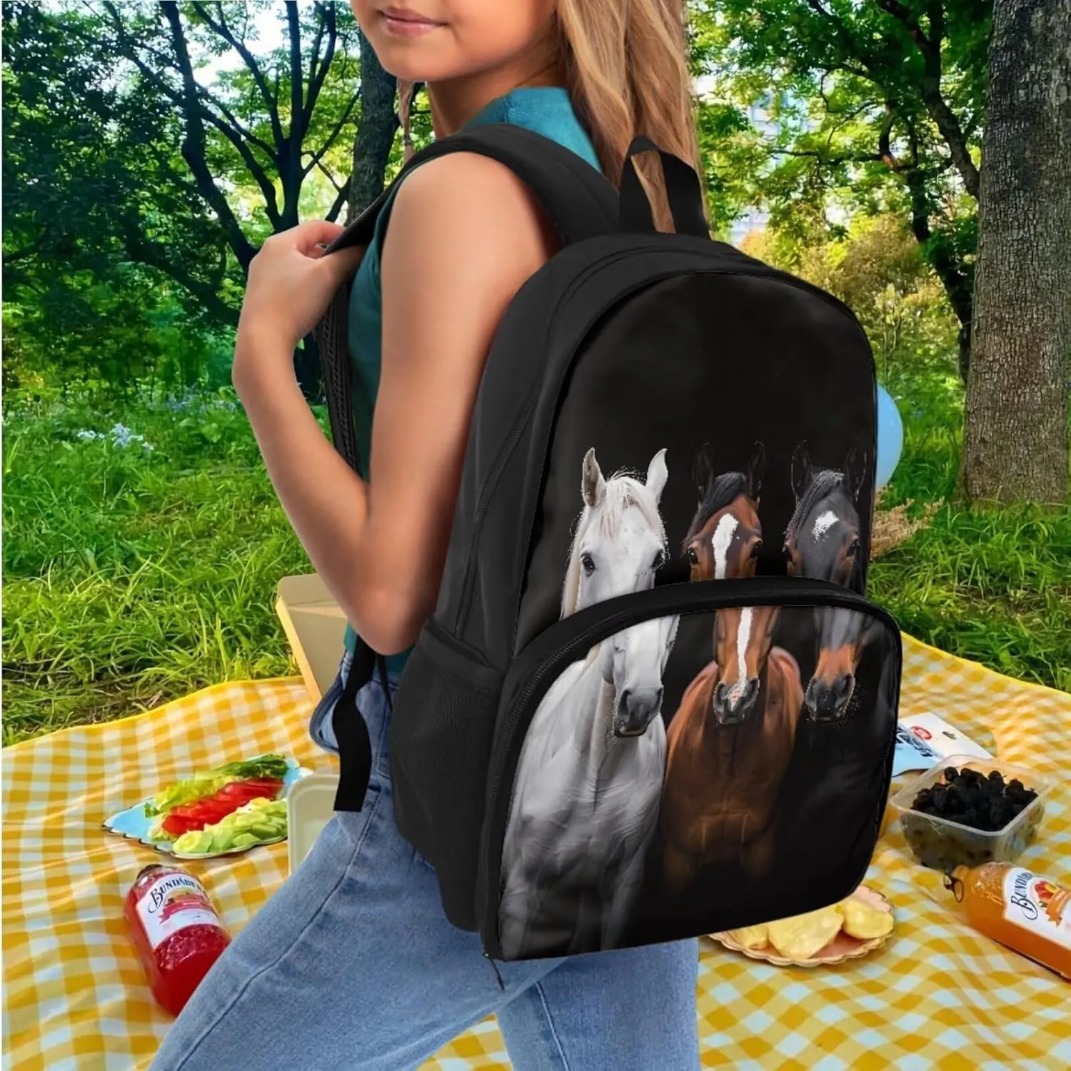 Lunch Backpack with Cooler Compartment,Horse Backpacks for School Boys Bookbag with Pencil Case Kids Schoolbags Backpack Set for Middle School Bag, Black