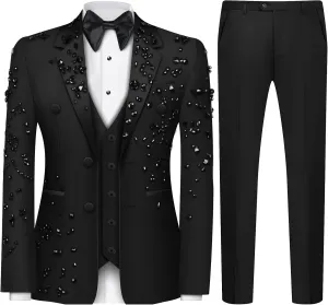 Luxury Men's 2 Piece Suit Slim Fit Solid 2 Button Beads Crystal Party Wedding Tuxedo Suits Blazer Jacket Pants Set