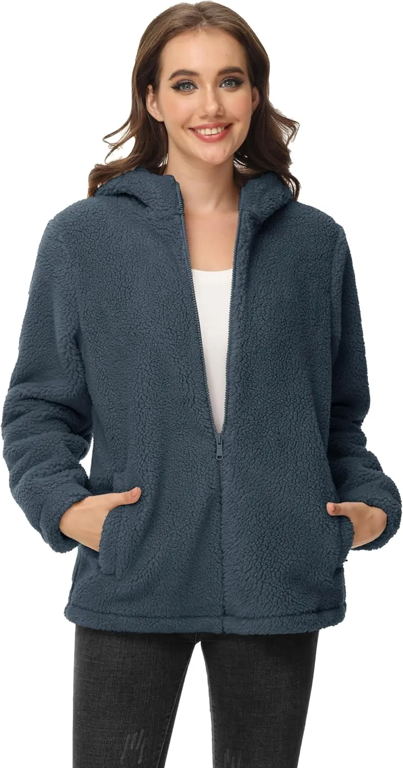 MAGCOMSEN Women's Sherpa Jacket Zip Up Hoodie Fuzzy Teddy Coat with Zipper Pockets Lightweight Fleece Lined Warm Winter Coat