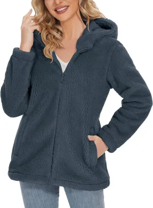 MAGCOMSEN Women's Sherpa Jacket Zip Up Hoodie Fuzzy Teddy Coat with Zipper Pockets Lightweight Fleece Lined Warm Winter Coat