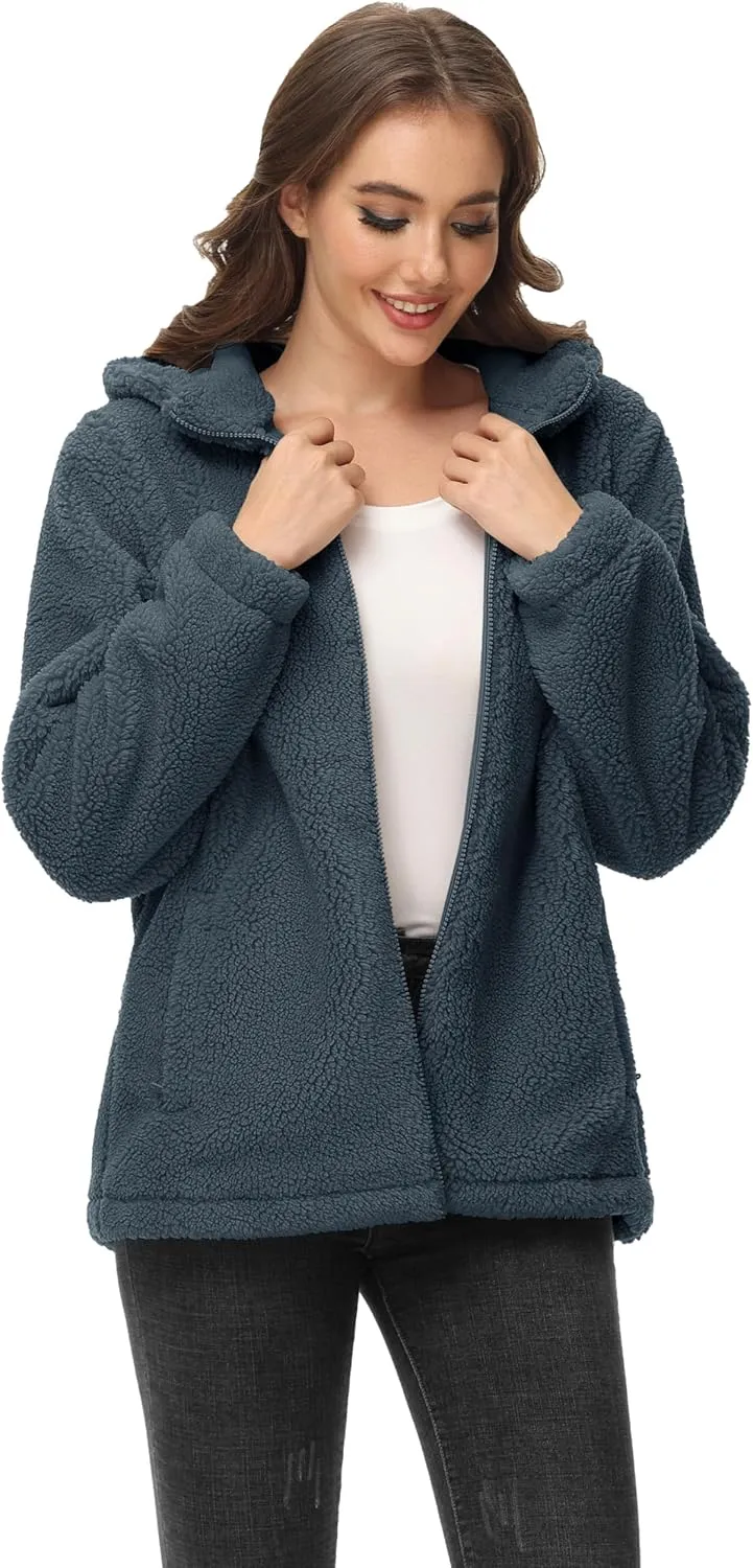 MAGCOMSEN Women's Sherpa Jacket Zip Up Hoodie Fuzzy Teddy Coat with Zipper Pockets Lightweight Fleece Lined Warm Winter Coat
