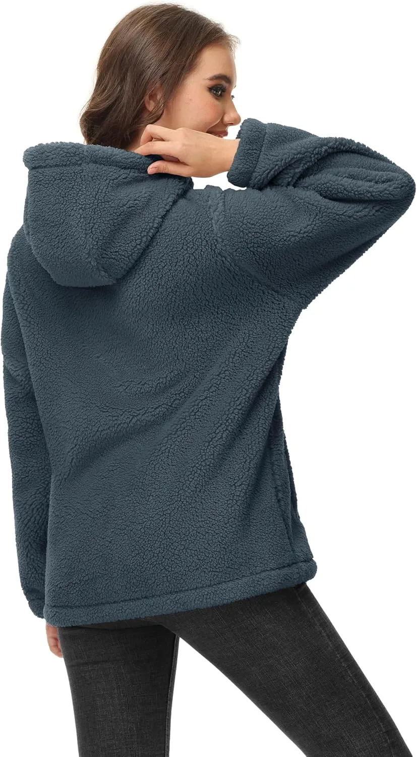 MAGCOMSEN Women's Sherpa Jacket Zip Up Hoodie Fuzzy Teddy Coat with Zipper Pockets Lightweight Fleece Lined Warm Winter Coat