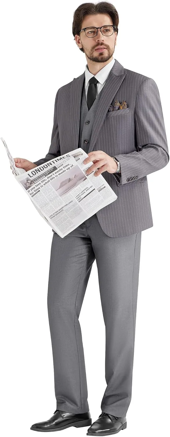 MAGE MALE Mens Pinstripe 3 Piece Suit Slim Fit Single Breasted Tuxedo Business Wedding Party Blazer Vest Pants Set