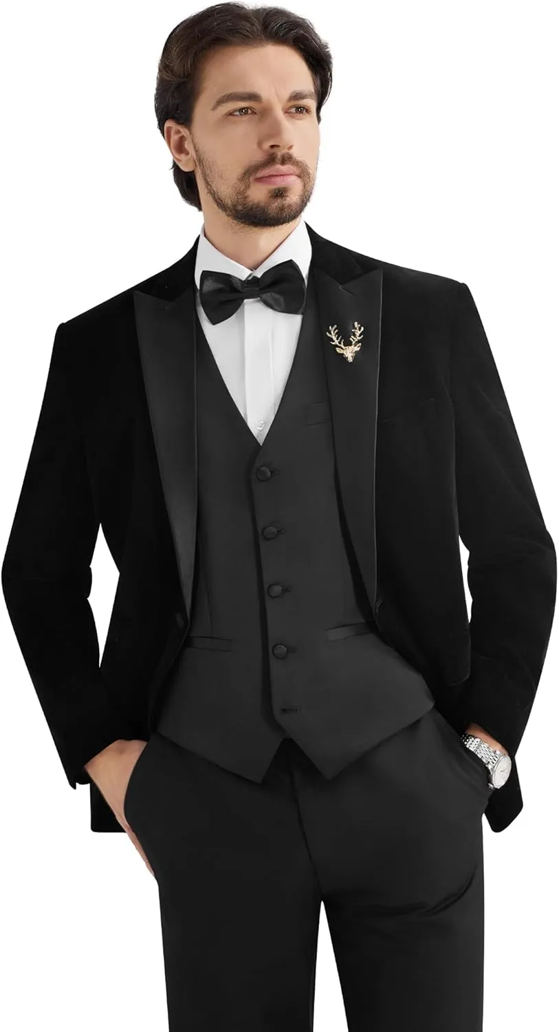 MAGE MALE Mens Velvet Suits Slim Fit Peak Lapel Tuxedo 3 Piece One Button Prom Party Banquet Blazer Vest Pants Set