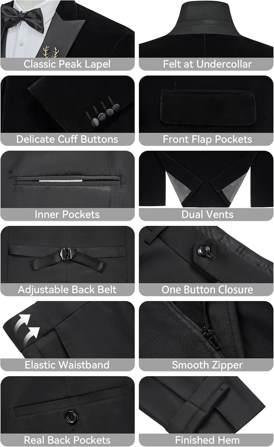 MAGE MALE Mens Velvet Suits Slim Fit Peak Lapel Tuxedo 3 Piece One Button Prom Party Banquet Blazer Vest Pants Set