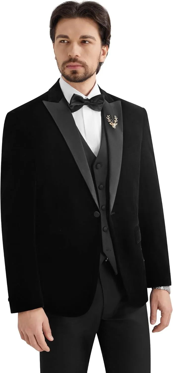 MAGE MALE Mens Velvet Suits Slim Fit Peak Lapel Tuxedo 3 Piece One Button Prom Party Banquet Blazer Vest Pants Set