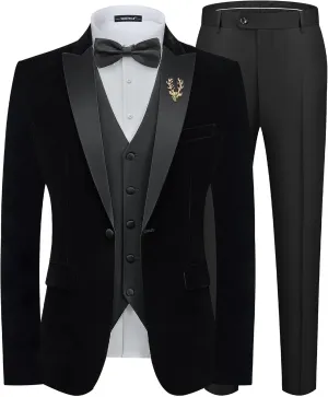 MAGE MALE Mens Velvet Suits Slim Fit Peak Lapel Tuxedo 3 Piece One Button Prom Party Banquet Blazer Vest Pants Set