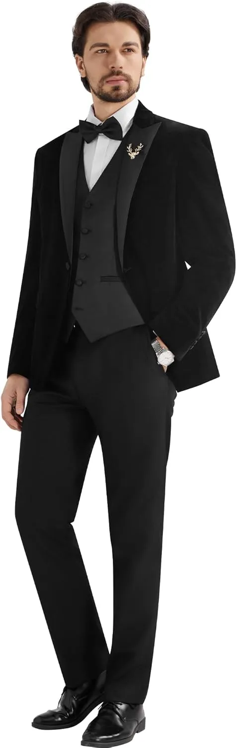 MAGE MALE Mens Velvet Suits Slim Fit Peak Lapel Tuxedo 3 Piece One Button Prom Party Banquet Blazer Vest Pants Set