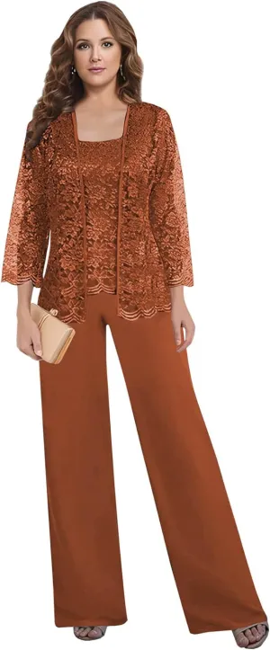 MAGGCIF 3 Pieces Mother of The Bride Pant Suits for Wedding Dressy with Jacket Chiffon Lace Sets Formal Evening Outfit