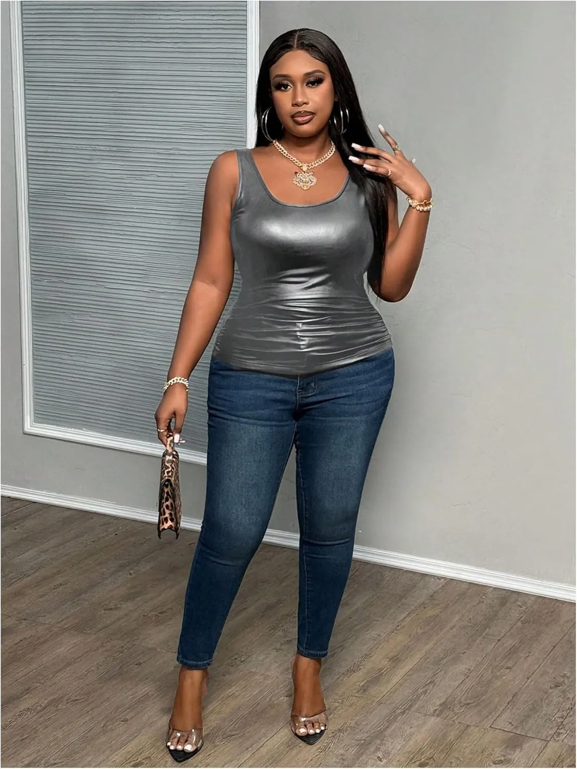 MakeMeChic Women's Plus Size PU Leather Tank Top Square Neck Ruched Sleeveless Y2K Vest