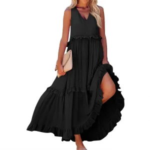 Maxi Dresses for Women 2025 Summer Ruffle V Neck Sundress Tiered Tea Party Dress Sleeveless Long Flowy Dress