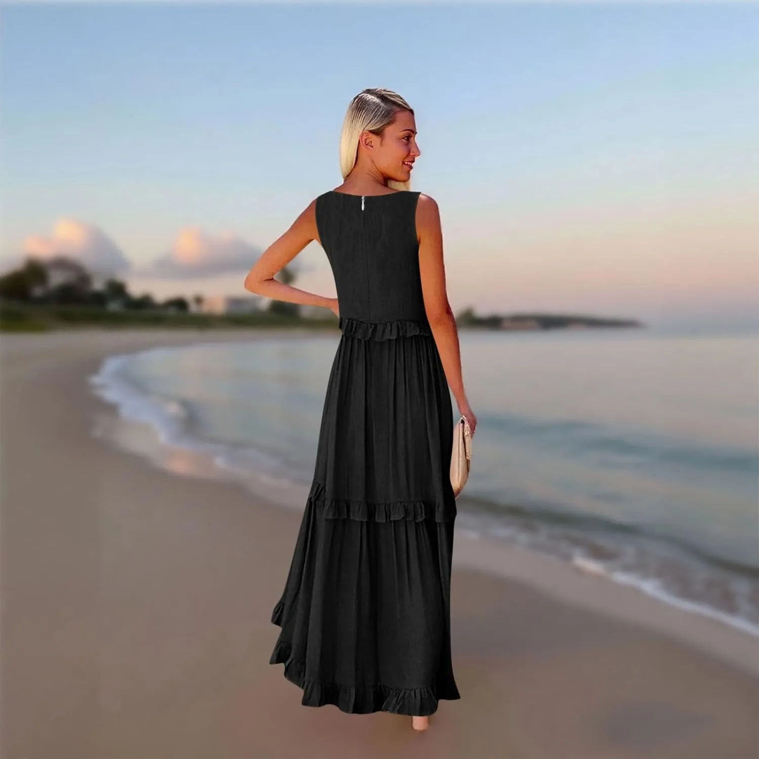 Maxi Dresses for Women 2025 Summer Ruffle V Neck Sundress Tiered Tea Party Dress Sleeveless Long Flowy Dress