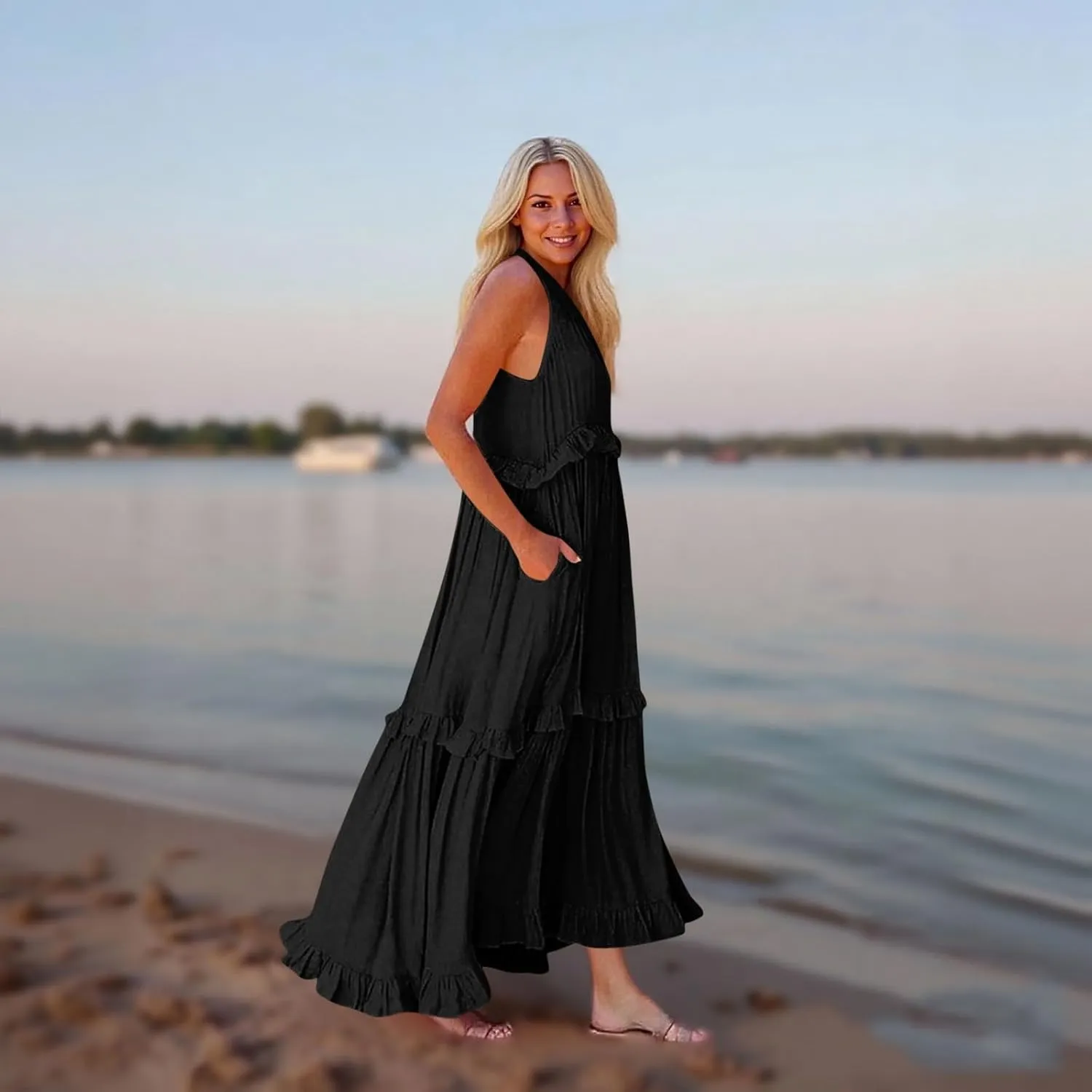 Maxi Dresses for Women 2025 Summer Ruffle V Neck Sundress Tiered Tea Party Dress Sleeveless Long Flowy Dress