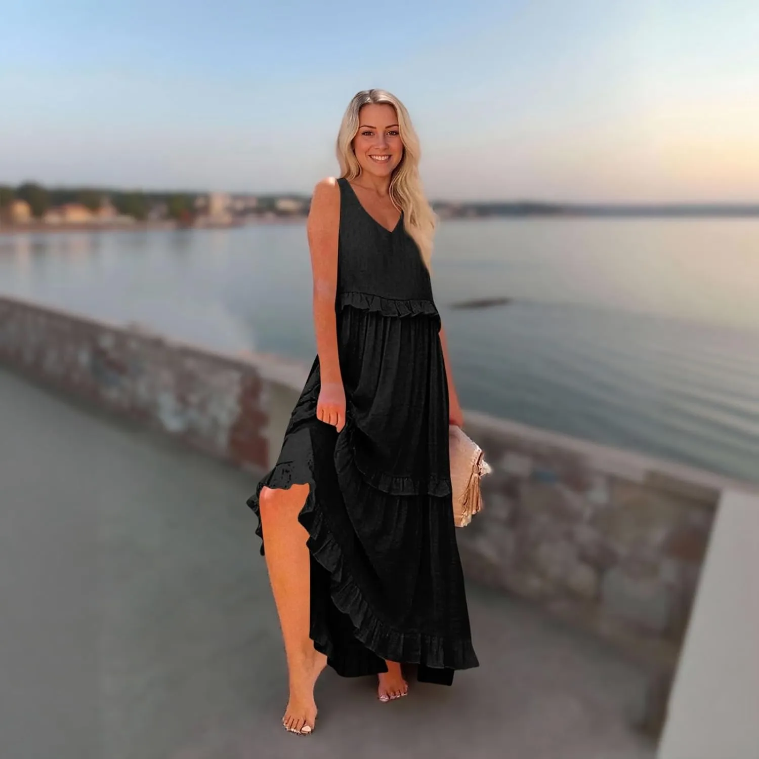 Maxi Dresses for Women 2025 Summer Ruffle V Neck Sundress Tiered Tea Party Dress Sleeveless Long Flowy Dress