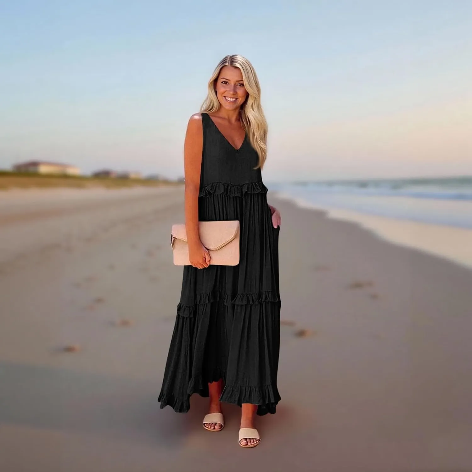 Maxi Dresses for Women 2025 Summer Ruffle V Neck Sundress Tiered Tea Party Dress Sleeveless Long Flowy Dress