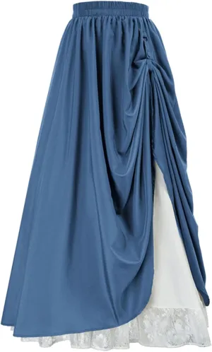 Maxi Long Skirt for Women Vintage Renaissance High Waist Double Layered Skirts Side Ruched Lace Hem Retro Skirt