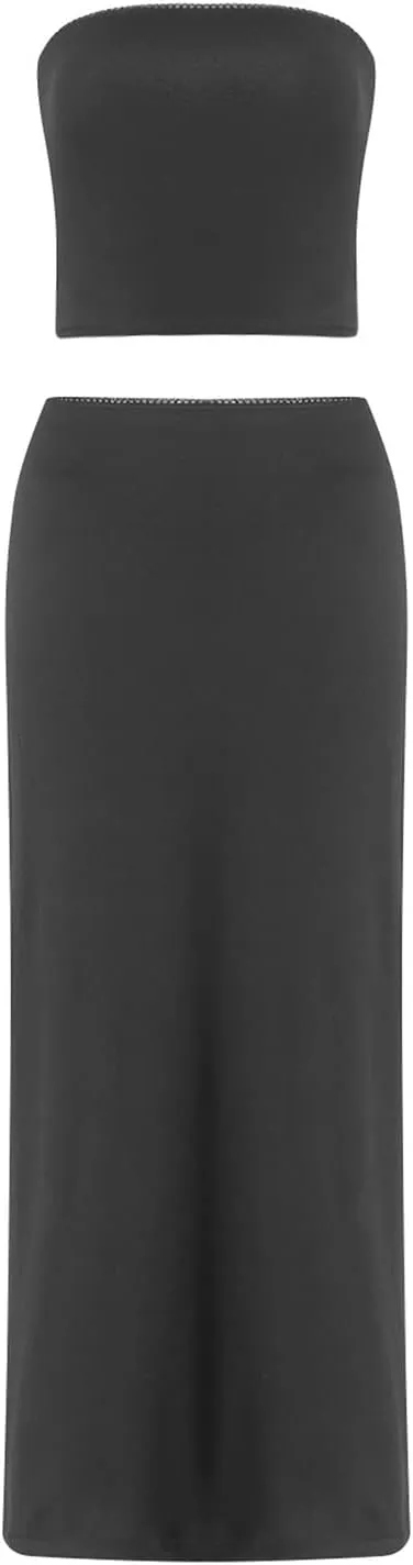 Maxi Skirt Sets Women 2 Piece Outfits Sexy Strapless Crop Tube Top Bodycon Long Skirts Y2K Skirt Set Beachwear