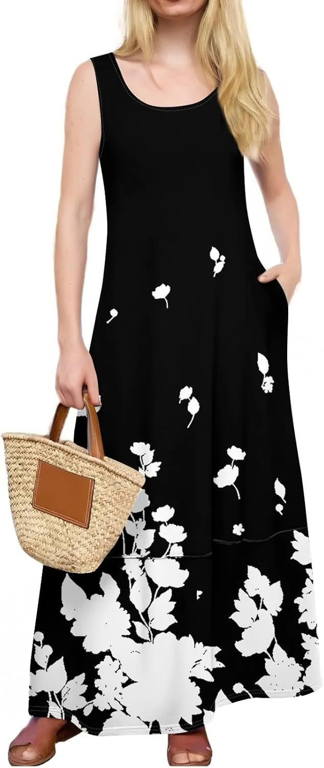 Maxi Sundress for Women 2025 Summer Loose Fit Beach Dress Scoop Neck Sleeveless Tank Dress Casual Vacation Dresses