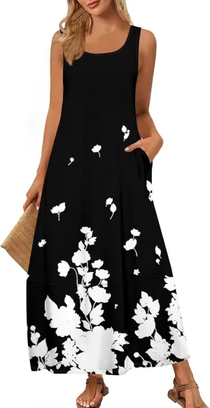 Maxi Sundress for Women 2025 Summer Loose Fit Beach Dress Scoop Neck Sleeveless Tank Dress Casual Vacation Dresses