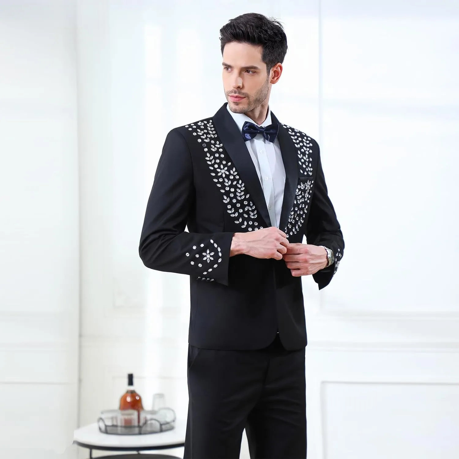 Men's 2 Piece Suit Slim Fit Suits for Men One Button Blazer Wedding Party Jacket Pants Set Beads Tuxedo Set