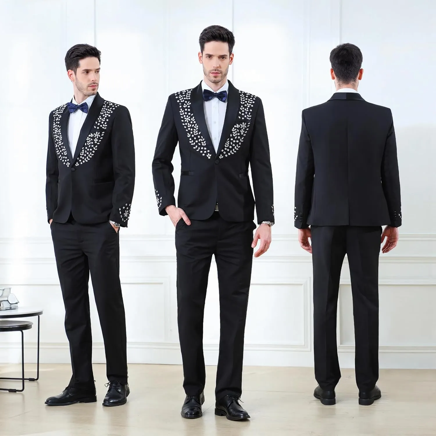 Men's 2 Piece Suit Slim Fit Suits for Men One Button Blazer Wedding Party Jacket Pants Set Beads Tuxedo Set