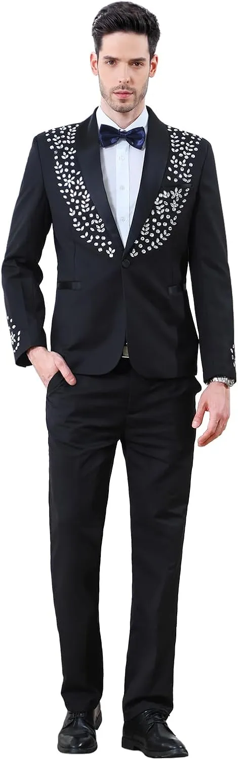 Men's 2 Piece Suit Slim Fit Suits for Men One Button Blazer Wedding Party Jacket Pants Set Beads Tuxedo Set