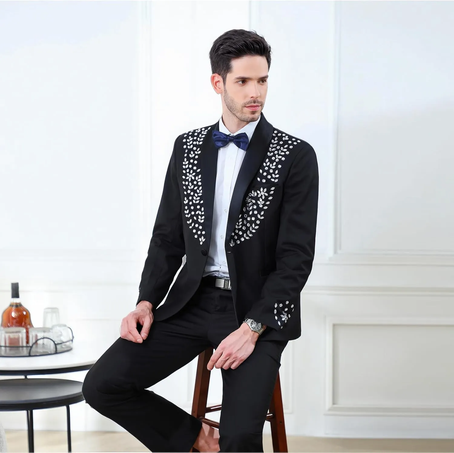 Men's 2 Piece Suit Slim Fit Suits for Men One Button Blazer Wedding Party Jacket Pants Set Beads Tuxedo Set