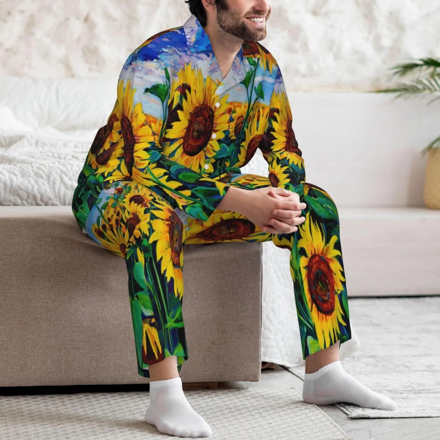 Men'S Pajama Set 2 Piece Loungewear Pjs, Long Sleeve With Pajama Pants-Lemon (2)