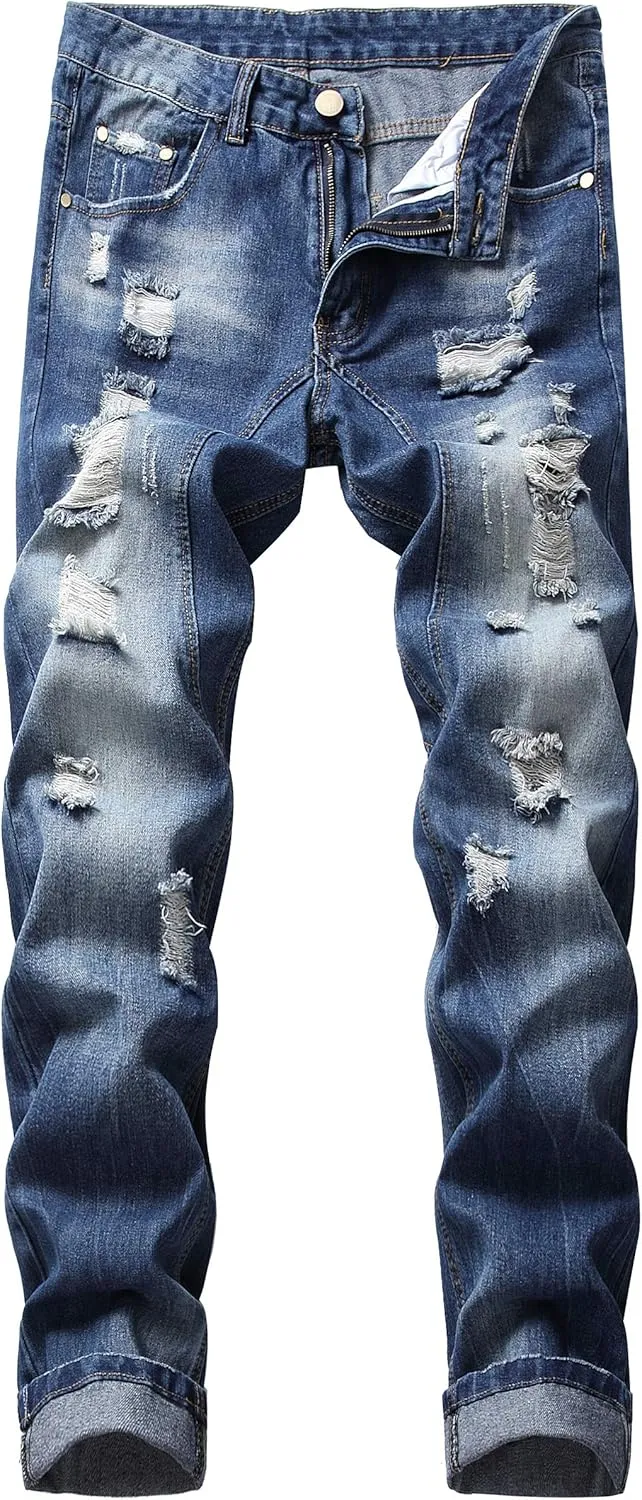 Men's Ripped Jeans,Slim Fit Distressed Straight Leg Fashion Denim Pants