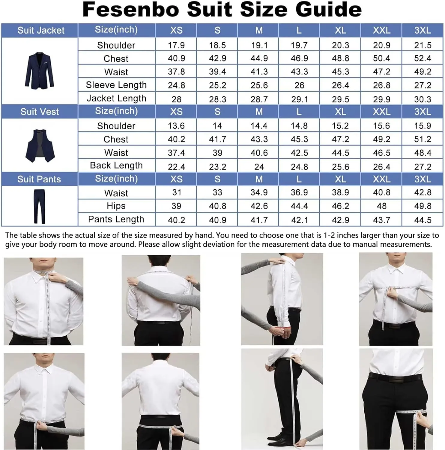 Men's Slim Fit 3-Piece Suit Set, Formal Wedding Tuxedo in Black, Navy Blue