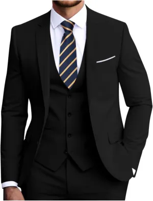 Men's Slim Fit 3-Piece Suit Set, Formal Wedding Tuxedo in Black, Navy Blue