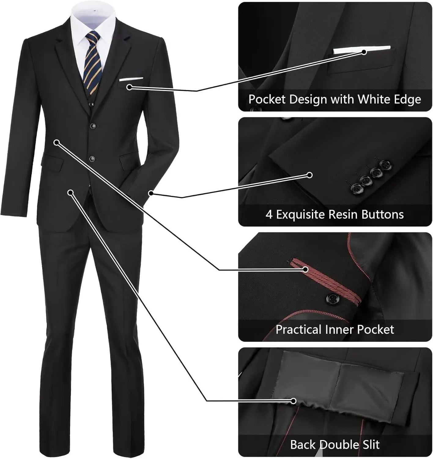 Men's Slim Fit 3-Piece Suit Set, Formal Wedding Tuxedo in Black, Navy Blue