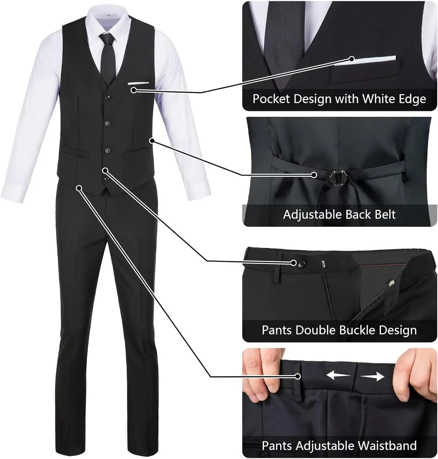 Men's Slim Fit 3-Piece Suit Set, Formal Wedding Tuxedo in Black, Navy Blue