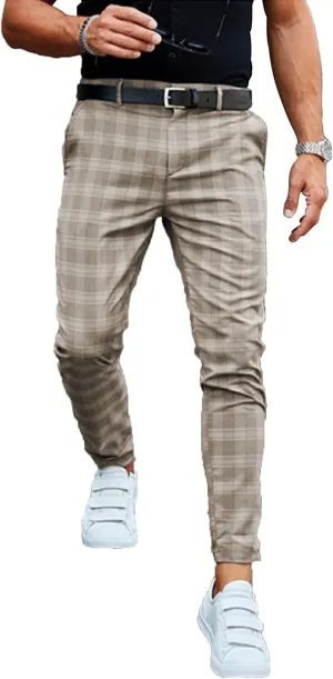 Mens Stretch Slim Fit Plaid Dress Pants with Pockets Checks Pattern Chino Trousers Fashion Casual Elasticity Button Pant (Khaki,Small)