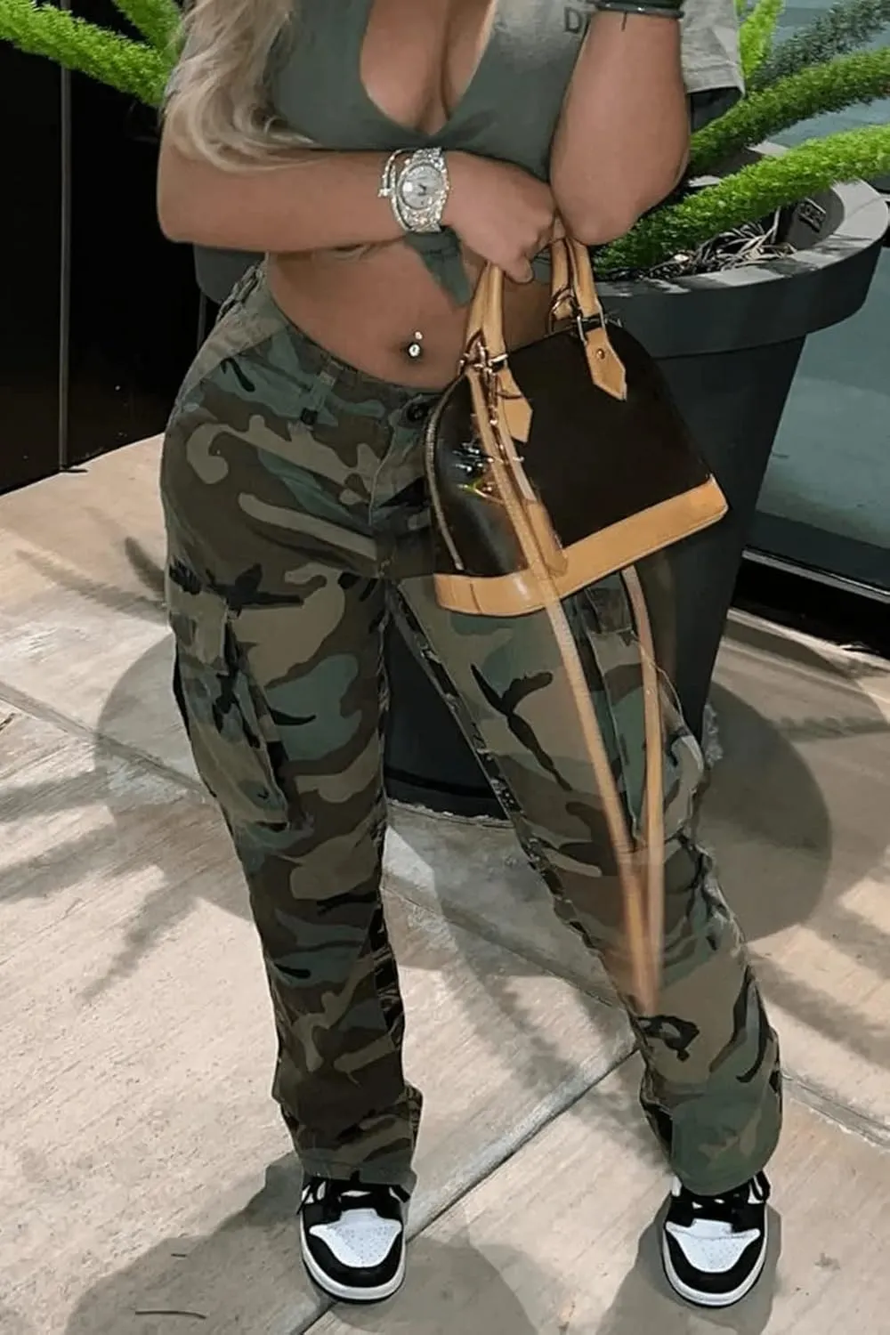 MESLIMA Women's Camo Pants High Waist Slim Fit Cargo Trousers with Pocket Camouflage Long Sweatpant with Belt