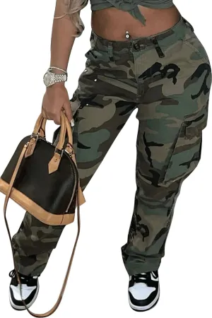 MESLIMA Women's Camo Pants High Waist Slim Fit Cargo Trousers with Pocket Camouflage Long Sweatpant with Belt